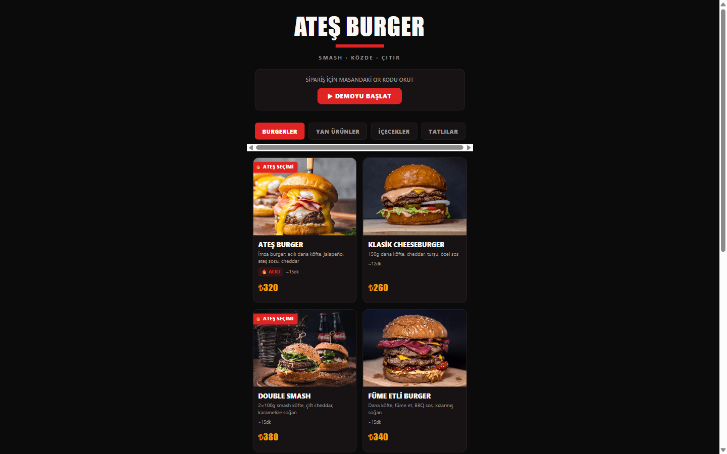 Restoran web sitesi menü sayfası örneği